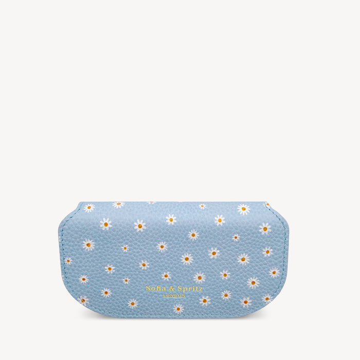 Slim Leather Glasses Case - Sky Blue Flower