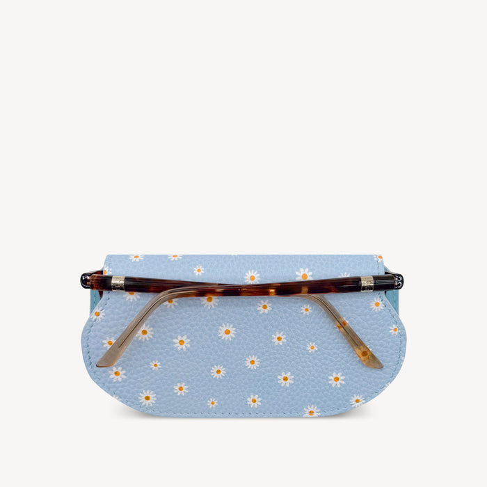 Slim Leather Glasses Case - Sky Blue Flower