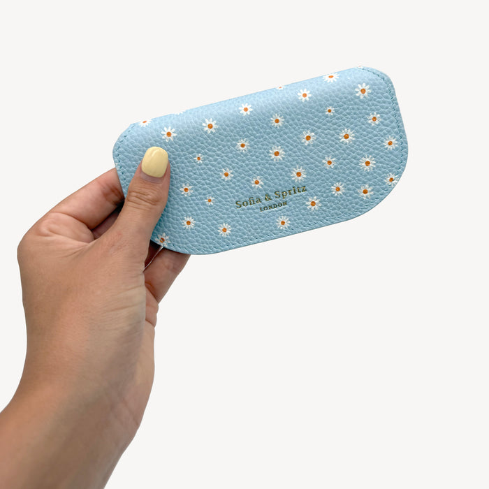 Slim Leather Glasses Case - Sky Blue Flower