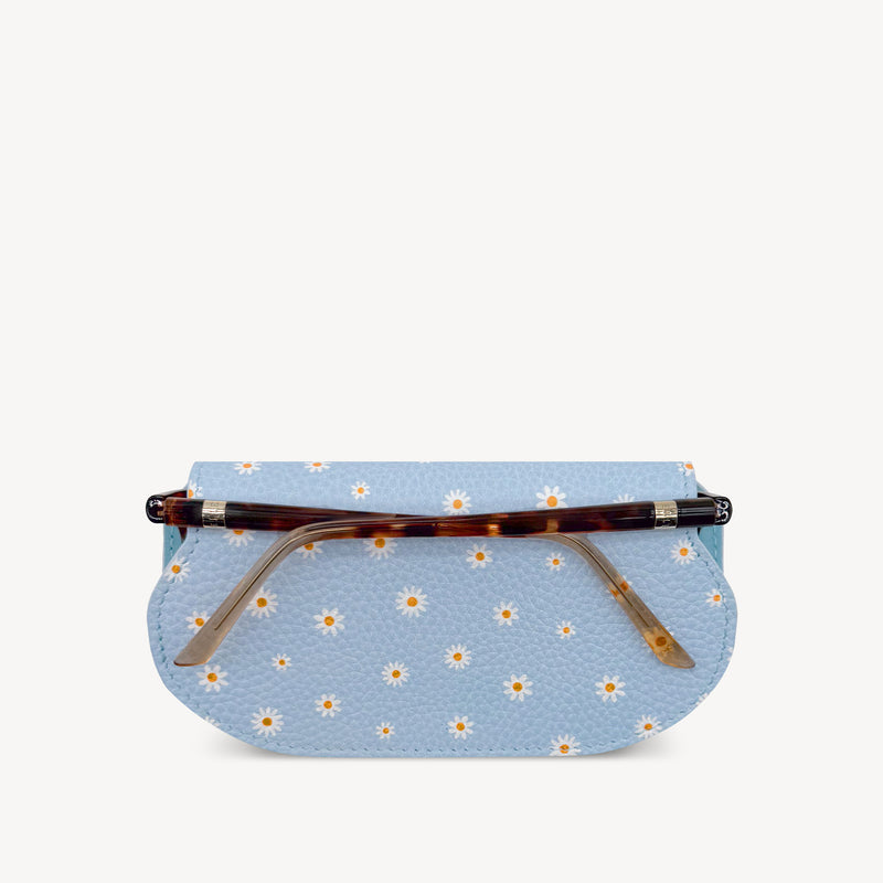 Slim Leather Glasses Case - Sky Blue Flower