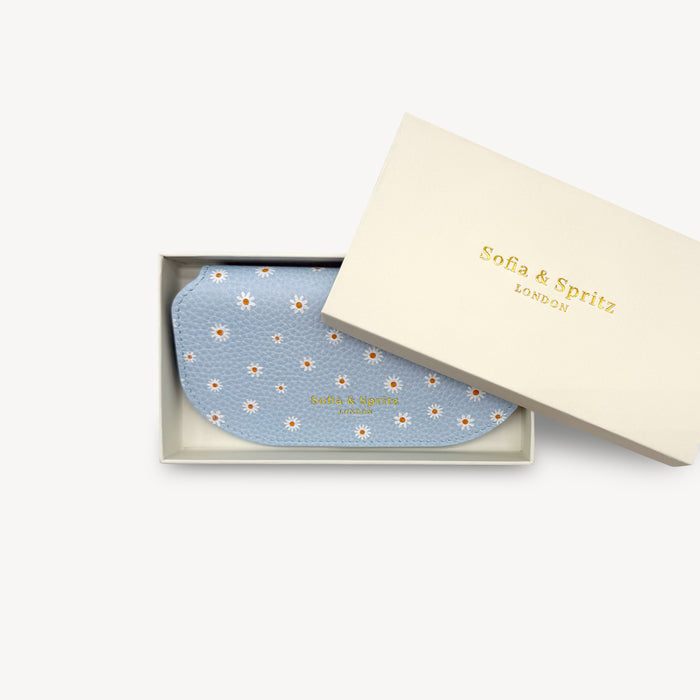 Slim Leather Glasses Case - Sky Blue Flower